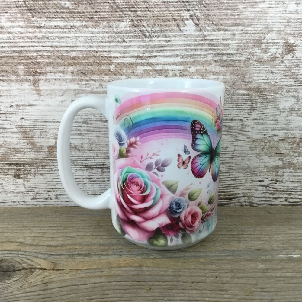 Butterfly & Floral 15 Oz Ceramic Mug With Rainbow Design For Coffee Or Tea